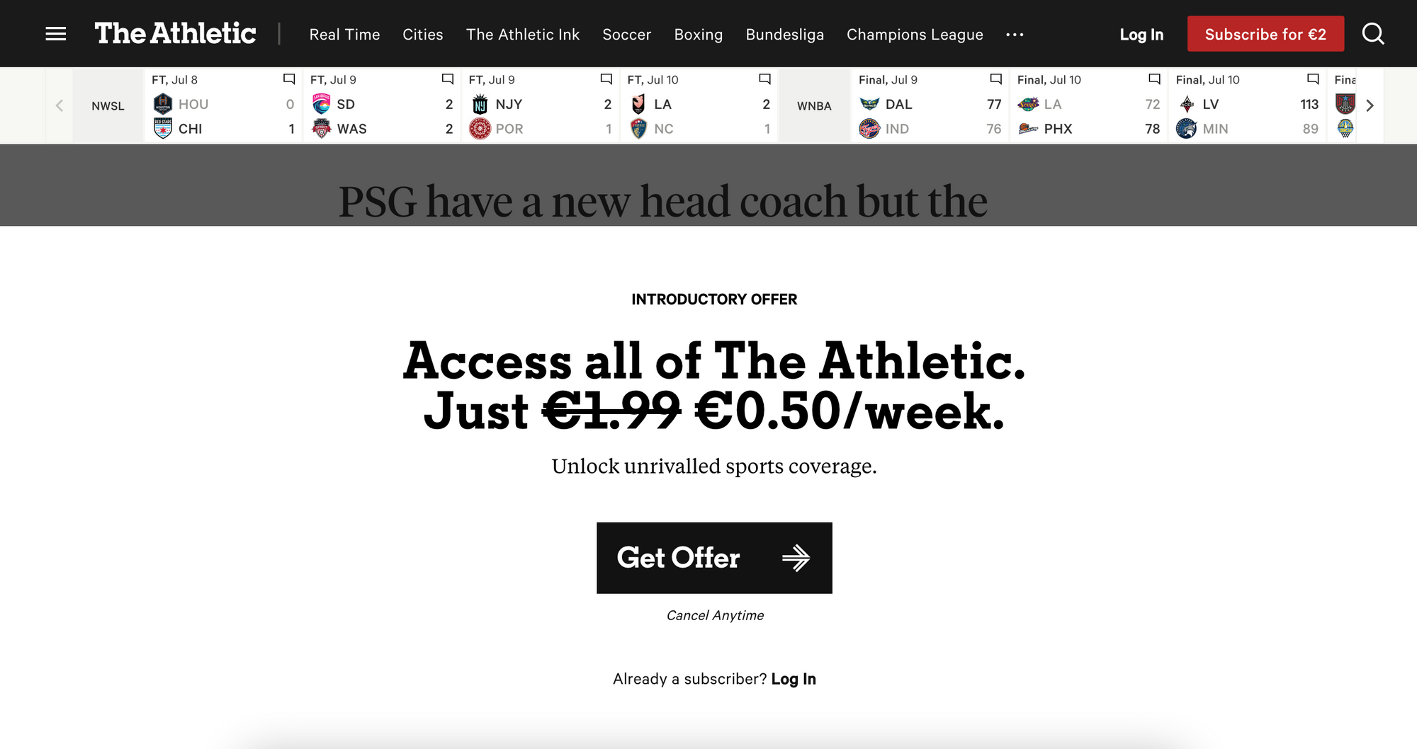 The Athletic paywall
