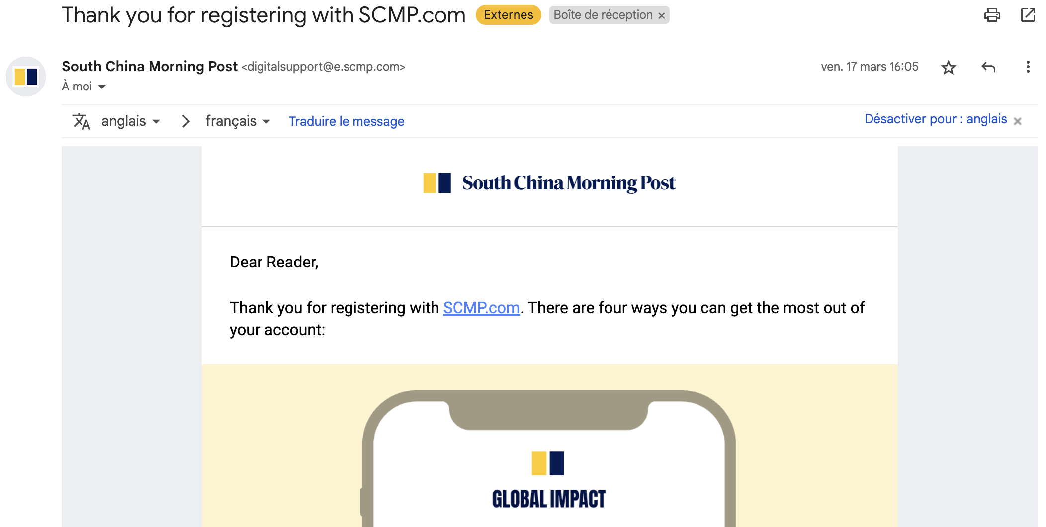 L'email d'accueil après l'inscription via un registration wall au South China Morning Post