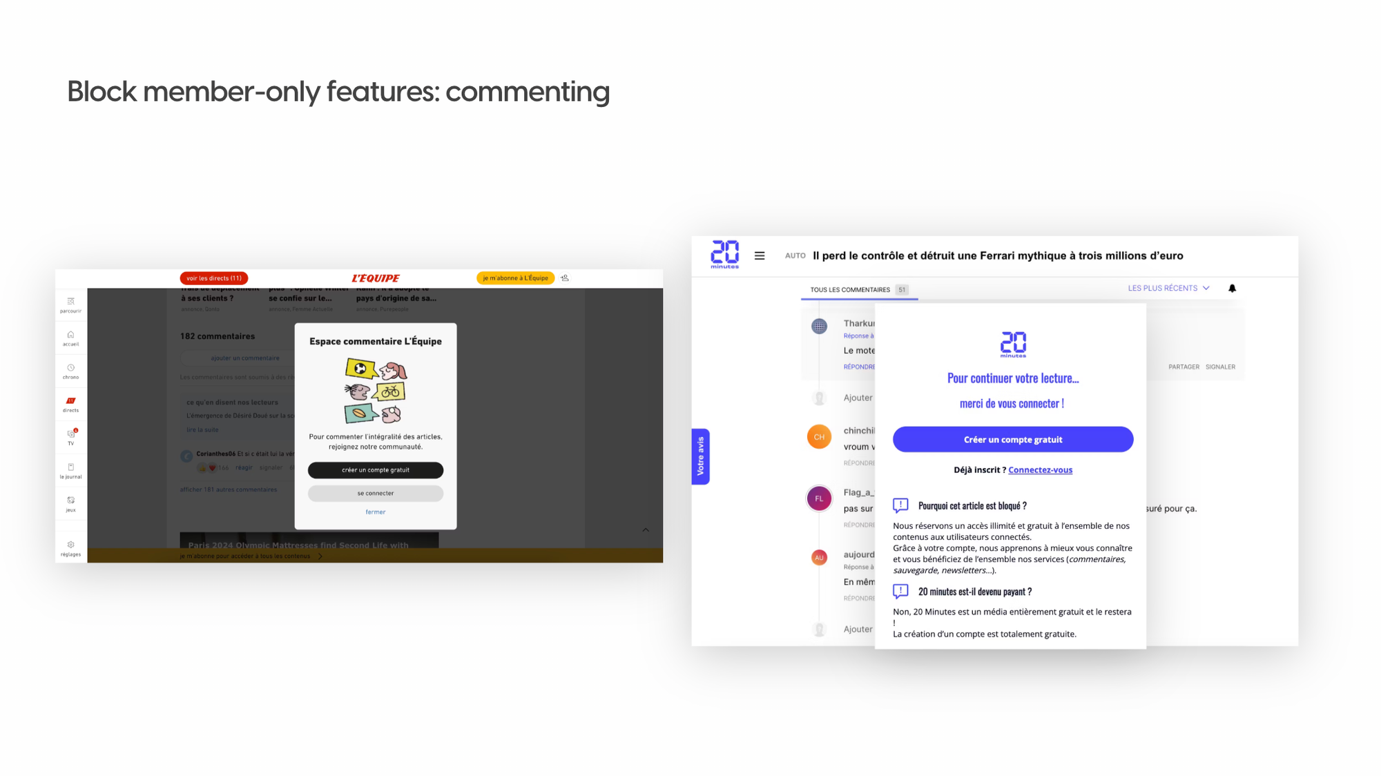Pop-up registration wall to block member-only features on L'Équipe and 20 mintues